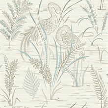 Brown &amp; Blue Fernwater Cranes Vintage Scenic Wallpaper