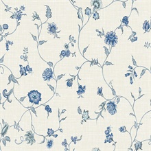 French Blue Floral &amp; Leaf Vine Toile Florale Trail Wallpaper