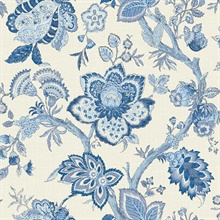 French Blue Large Floral &amp; Leaf Bernadette Jacobean Wallpaper