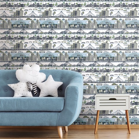 Blue & Green Urban Stripe Peel & Stick Temporary Removable Wallpaper