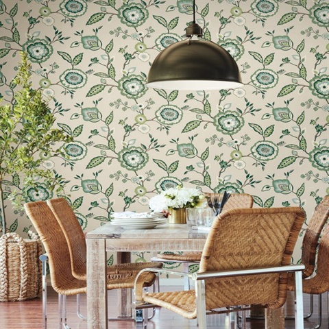 GO8233 | Beige & Green Dahlia Blooms Paisley Wallpaper