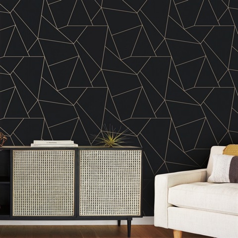 MD7182 Wallpaper | Black & Gold Geometric Quadrilateral Wallpaper