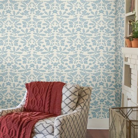 PSW1441RL | Glacial Blue Sparrow & Oak Peel & Stick Wallpaper