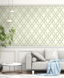 Green and White Tile Trellis Peel and Stick Wallpaper, NW31604