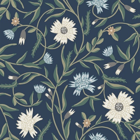 Aster Navy Floral Vine Wallpaper