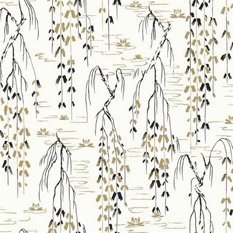Black White Gold Willow Branches Wallpaper
