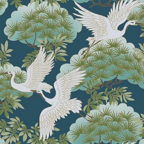 Blue Sprig & Heron Wallpaper