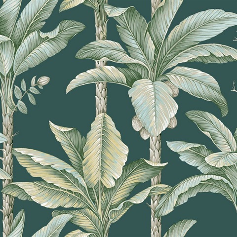 Breeza Hunter Green Tropical Leaf Stripe Wallpaper