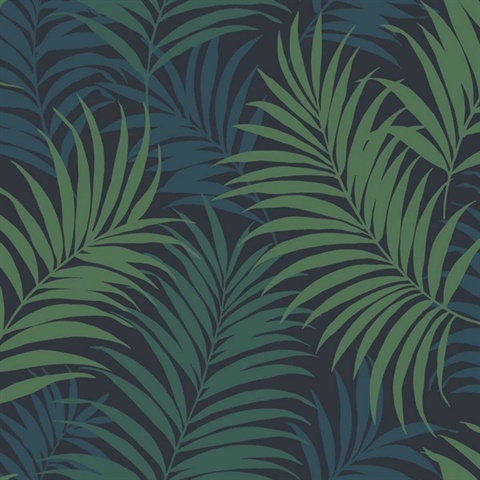 Dark Blue, Green & Turquoise Tropical Large Palm Leaf Wallpaper