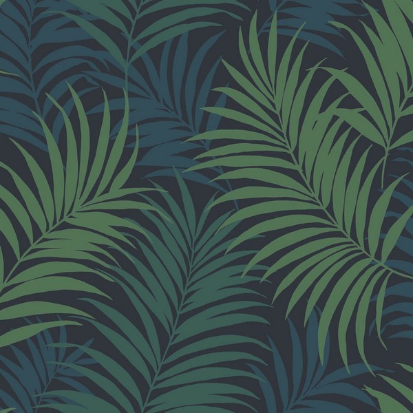 Ln Dark Blue Green Turquoise Tropical Large Palm Leaf Wallpaper