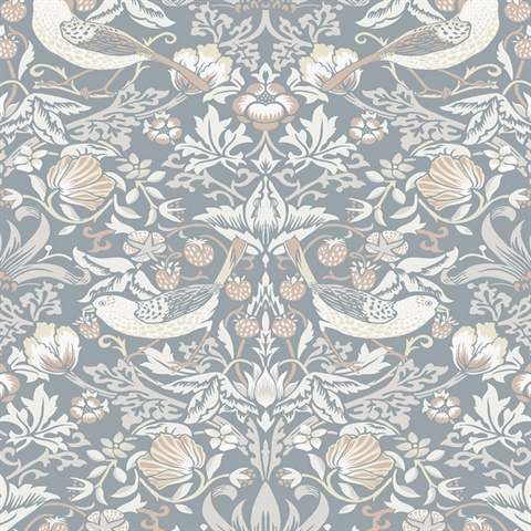 Fragaria Garden Floral & Bird Damask Blue Wallpaper