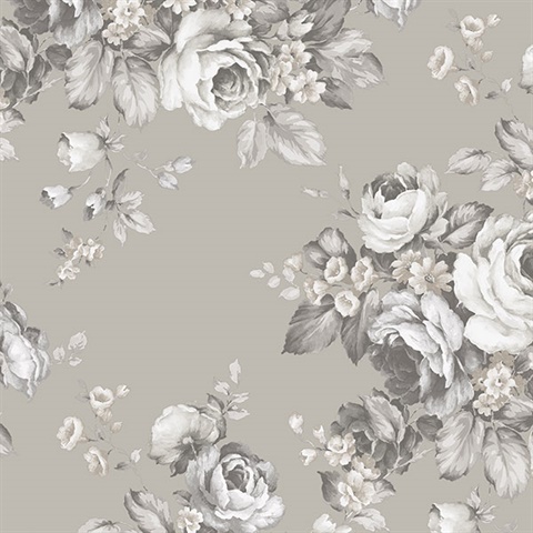 AF37701  Grand Floral Black, Grey & White Wallpaper