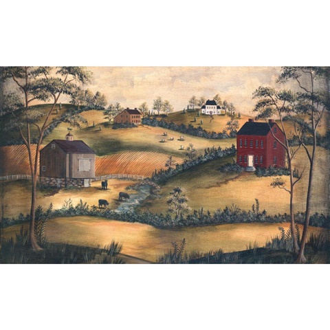 HF8639MMP | Grazing With Folk Art Salt Box Houses Mural