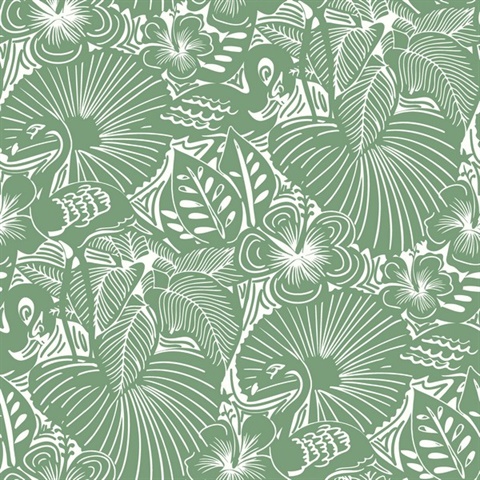 Idalia Green Floral Flamingo Wallpaper