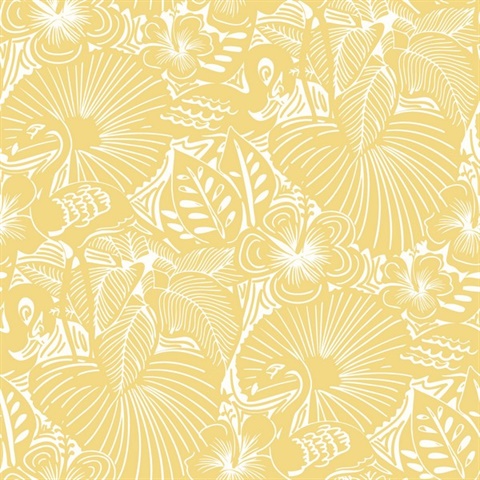 Idalia Yellow Floral Flamingo Wallpaper