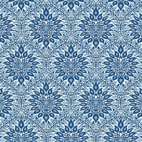 Luna Ogee Floral & Leaf Large Damask Blue Wallpaper