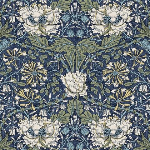 Ogee Flora Large Floral & Leaf Damask Blue Wallpaper