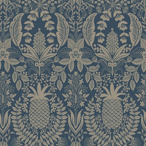 Pineapple Damask Navy Wallpaper