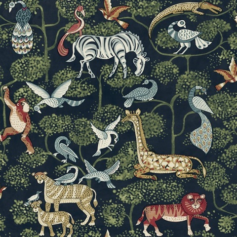 Rigby Navy Blue Jungle Animals Wallpaper