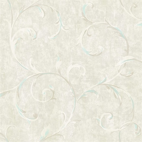 Silver & Blue Commercial Impressionist Scroll Wallpaper