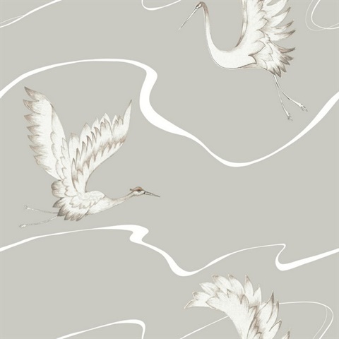 BW3872 | Grey Soaring Cranes Asian Motif Bird Wallpaper