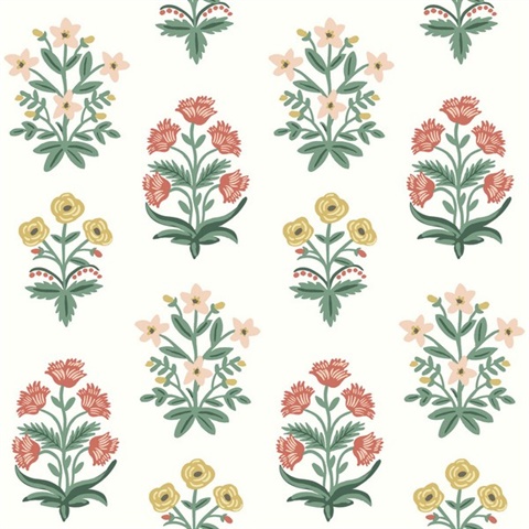 White & Red Mughal Rose Floral Block Print Wallpaper