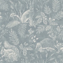 Woodland Blue Toile Animal Wallpaper