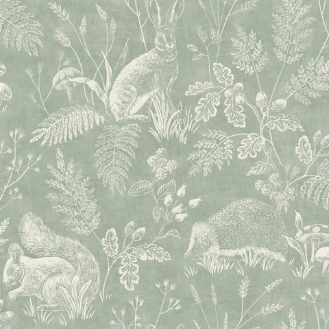 Woodland Green Toile Animal Wallpaper